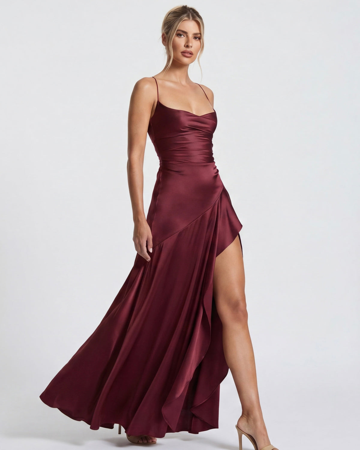 MUSE GOWN - Vestido Maxi Satinado con Espalda Cruzada y Abertura