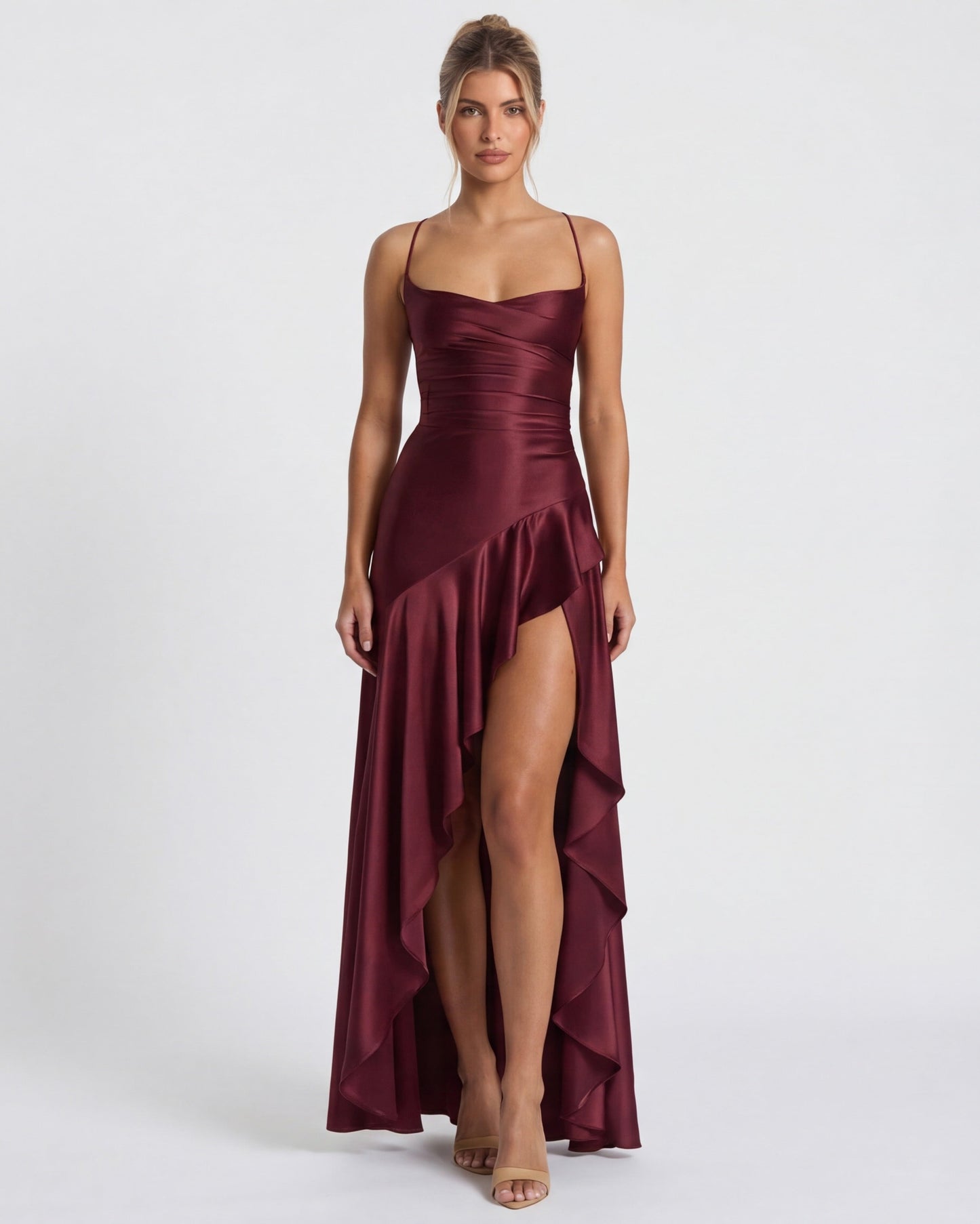 MUSE GOWN - Vestido Maxi Satinado con Espalda Cruzada y Abertura