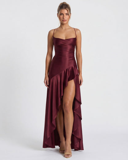 MUSE GOWN - Vestido Maxi Satinado con Espalda Cruzada y Abertura