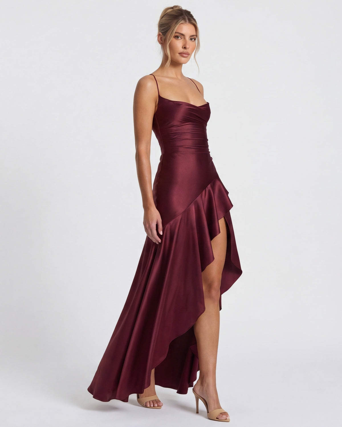 MUSE GOWN - Vestido Maxi Satinado con Espalda Cruzada y Abertura