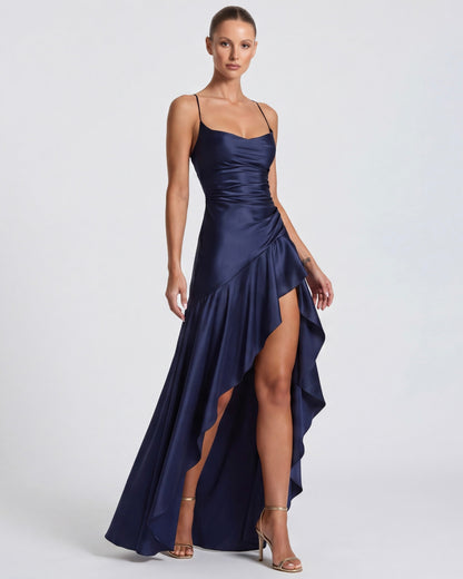 MUSE GOWN - Vestido Maxi Satinado con Espalda Cruzada y Abertura
