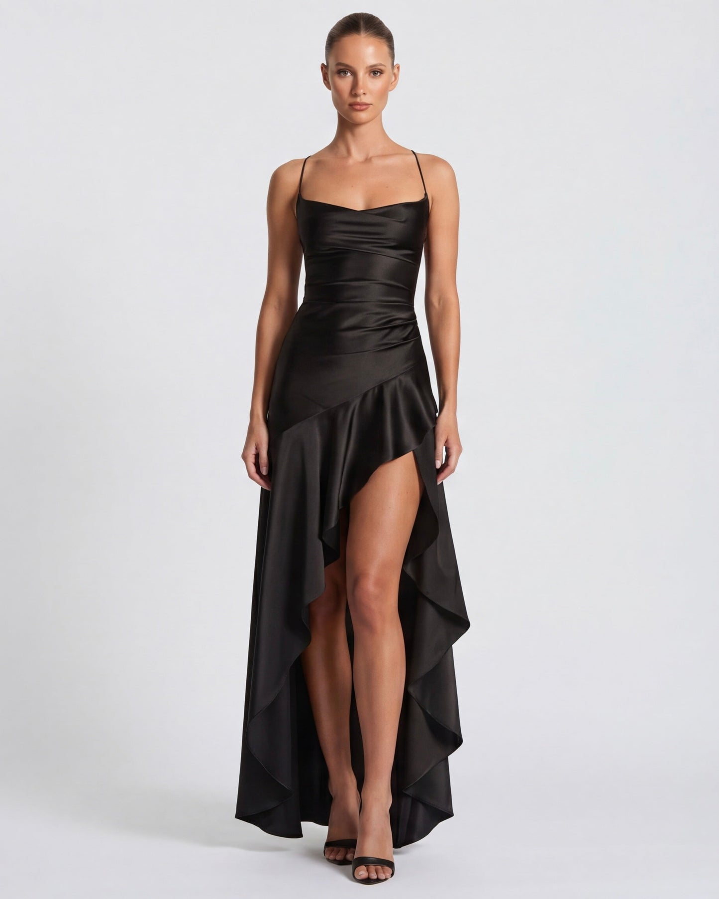 MUSE GOWN - Vestido Maxi Satinado con Espalda Cruzada y Abertura