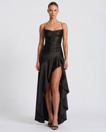 MUSE GOWN - Vestido Maxi Satinado con Espalda Cruzada y Abertura