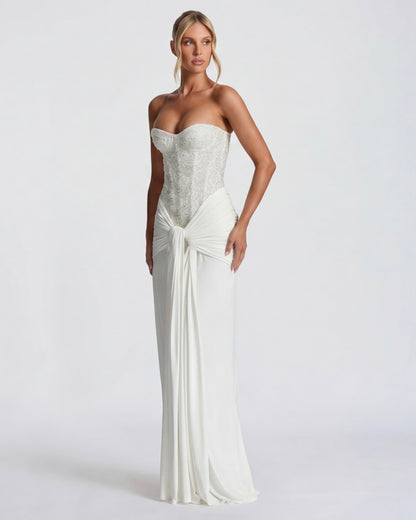 MIDNIGHT AURA - Vestido Maxi Corsé con Brillo y Falda Drapeada