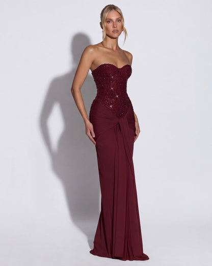 MIDNIGHT AURA - Vestido Maxi Corsé con Brillo y Falda Drapeada