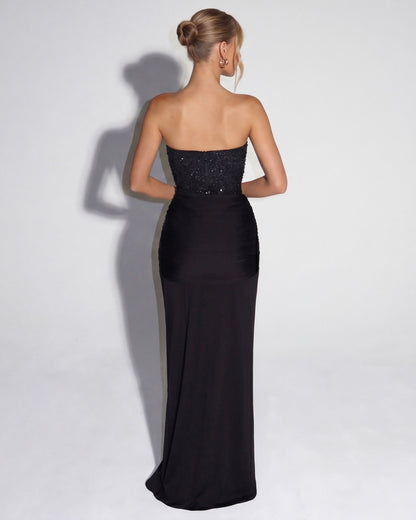 MIDNIGHT AURA - Vestido Maxi Corsé con Brillo y Falda Drapeada