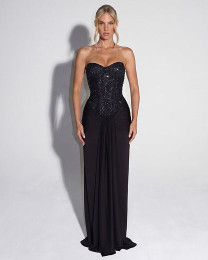 MIDNIGHT AURA - Vestido Maxi Corsé con Brillo y Falda Drapeada