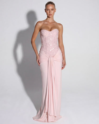 MIDNIGHT AURA - Vestido Maxi Corsé con Brillo y Falda Drapeada
