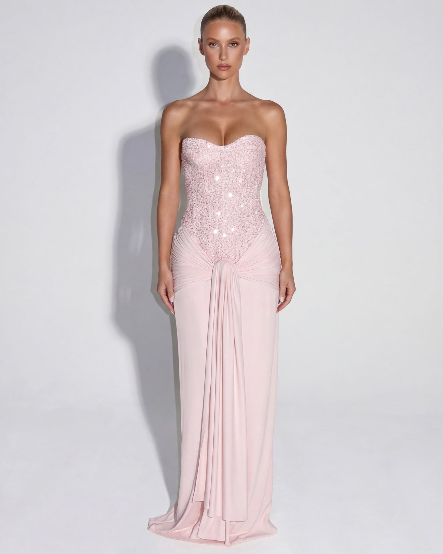MIDNIGHT AURA - Vestido Maxi Corsé con Brillo y Falda Drapeada
