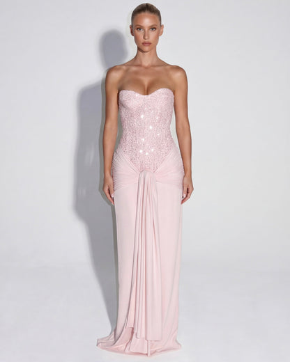 MIDNIGHT AURA - Vestido Maxi Corsé con Brillo y Falda Drapeada