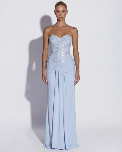 MIDNIGHT AURA - Vestido Maxi Corsé con Brillo y Falda Drapeada