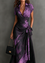 Elisa | Vestido Midi Cruzado con Estampado Abstracto, Morado