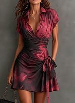 Serena | Vestido Corto Cruzado con Estampado Abstracto, Burdeos