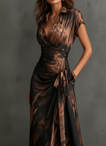 Francesca | Vestido Midi Cruzado con Estampado Abstracto, Marrón
