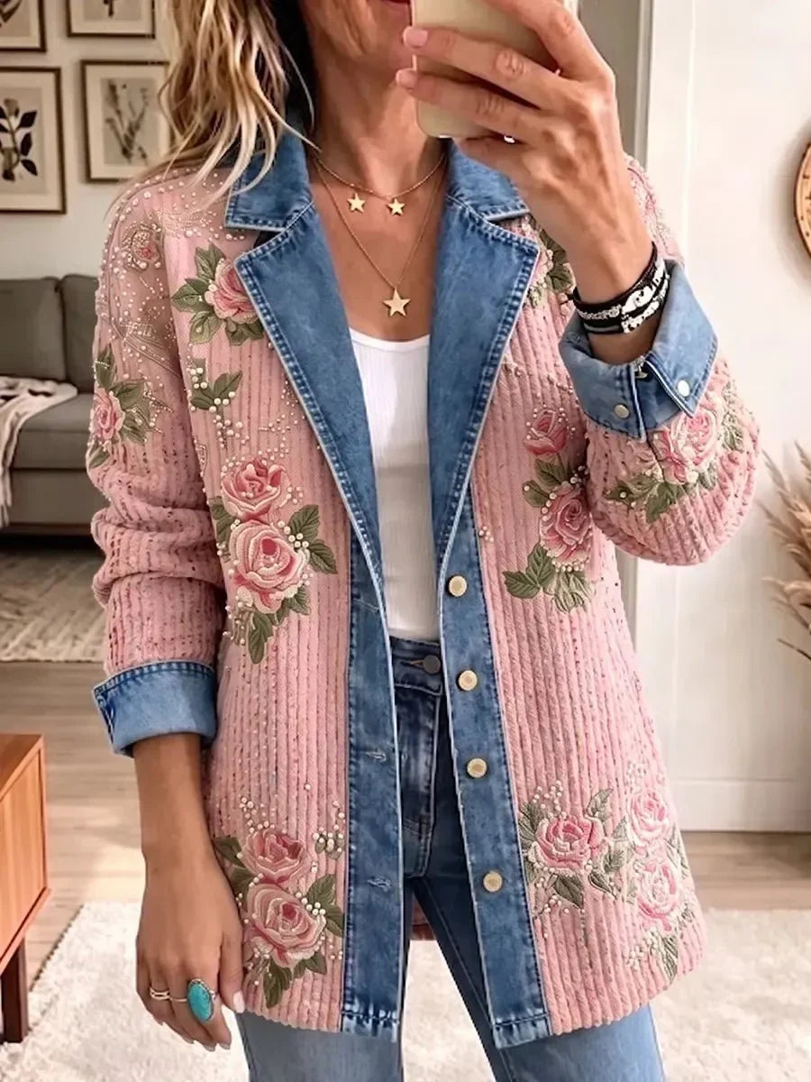 Aria | Blazer Vaquero Patchwork por Bloques Vintage Elegante