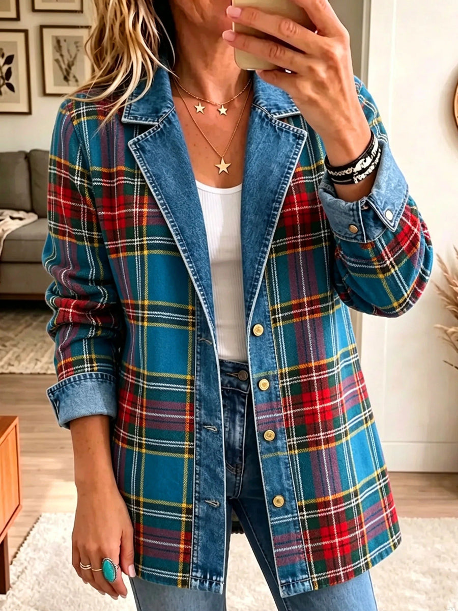 Grace | Blazer Vaquero Combinado de Cuadros Tartán para Mujer
