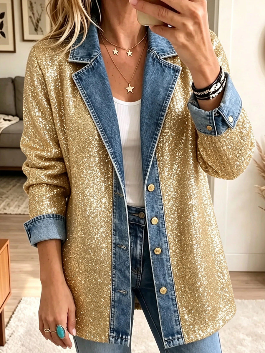 Sophia | Chaqueta Vaquera Combinada con Glitter Dorado