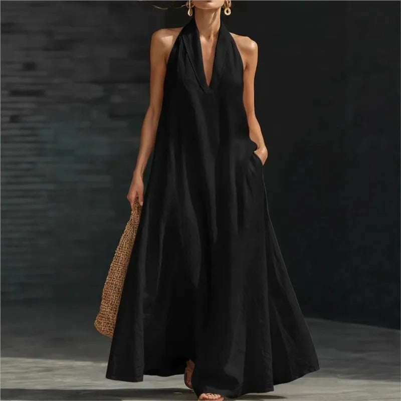 Clara Vestido de Algodón y Lino Maxi Halter