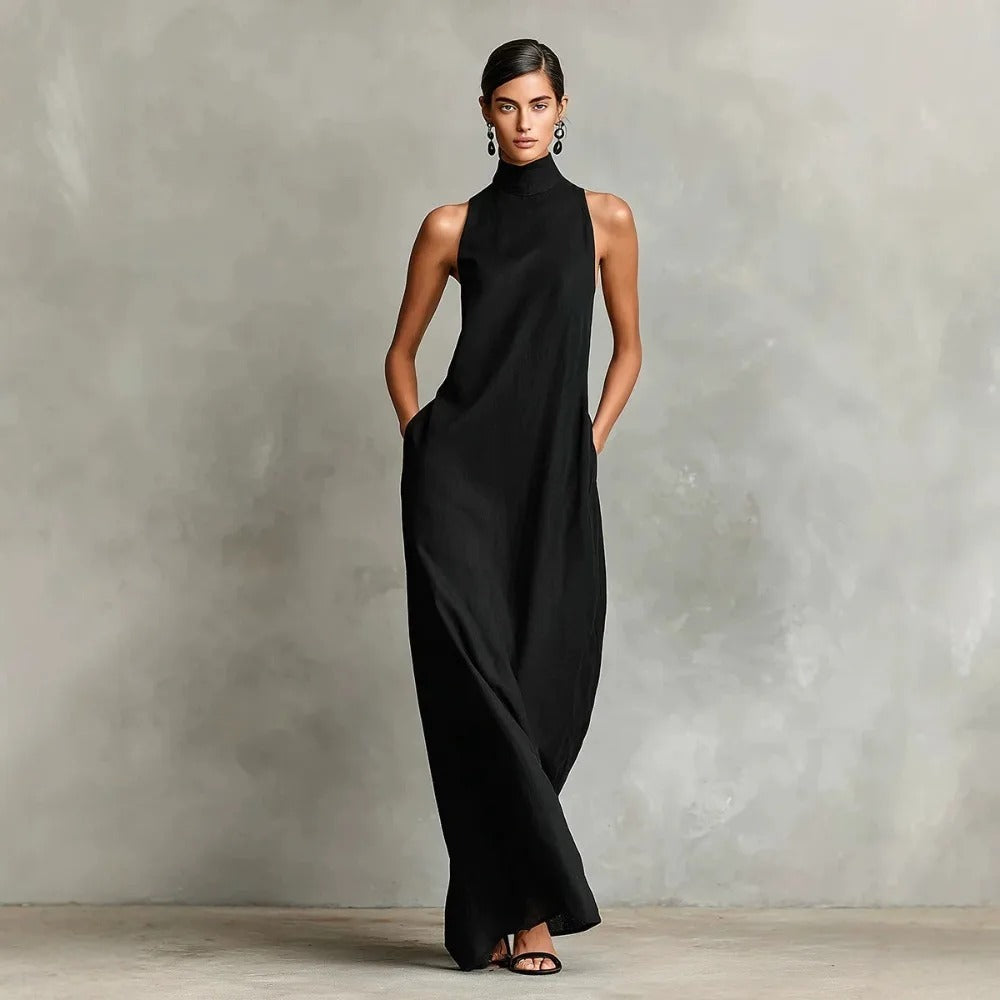 Celina Vestido Largo Holgado sin Mangas con Cuello Alto