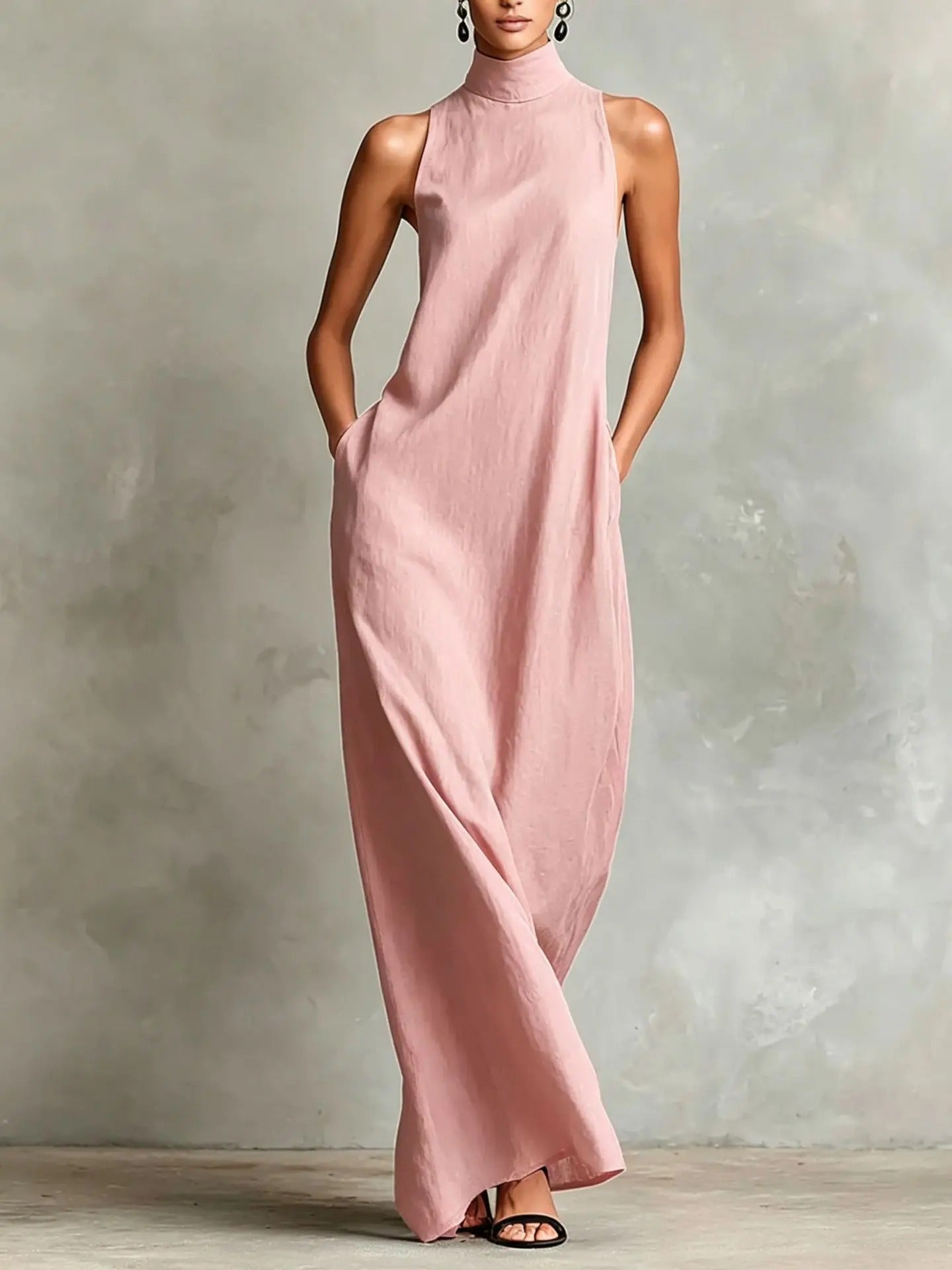 Celina Vestido Largo Holgado sin Mangas con Cuello Alto
