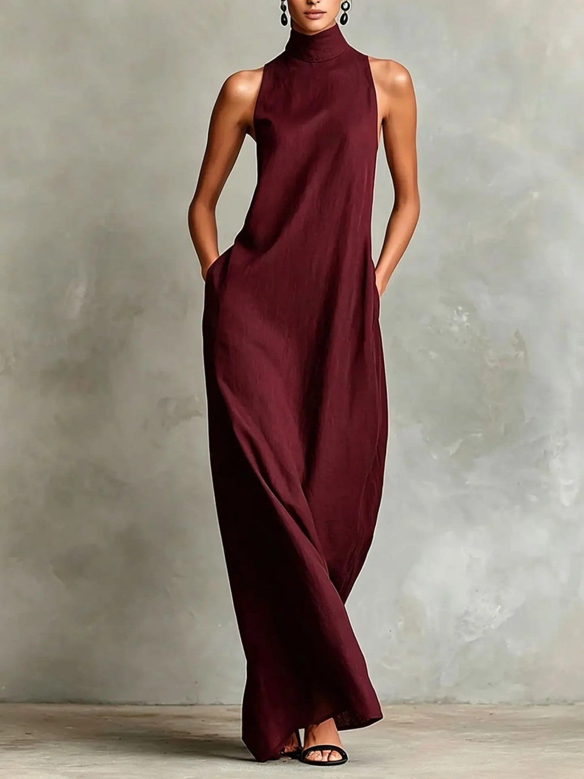 Celina Vestido Largo Holgado sin Mangas con Cuello Alto