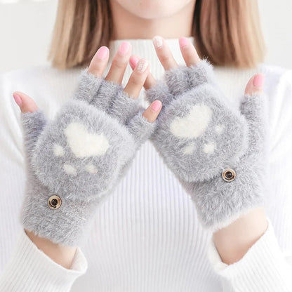 NAYARA - Guantes de Peluche con Estampado de Huella de Gato