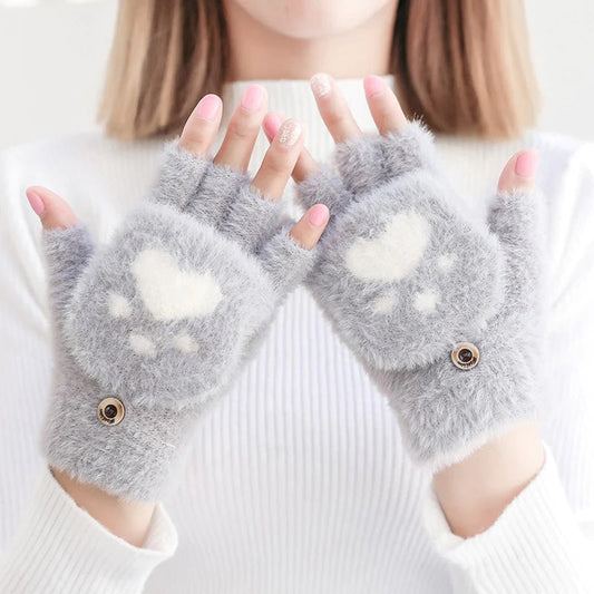 NAYARA - Guantes de Peluche con Estampado de Huella de Gato