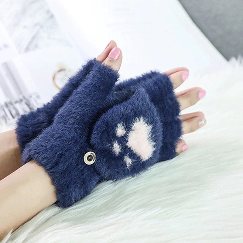NAYARA - Guantes de Peluche con Estampado de Huella de Gato