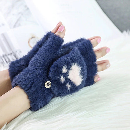 NAYARA - Guantes de Peluche con Estampado de Huella de Gato