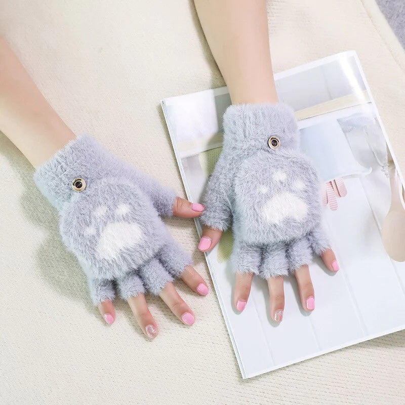 NAYARA - Guantes de Peluche con Estampado de Huella de Gato