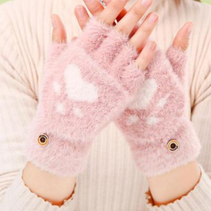 NAYARA - Guantes de Peluche con Estampado de Huella de Gato