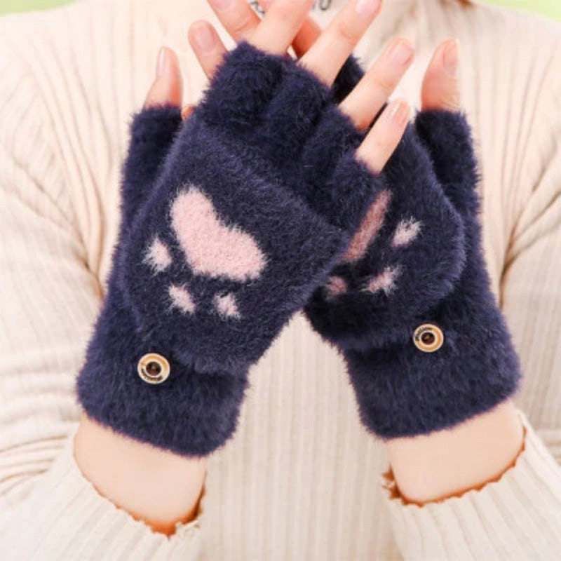NAYARA - Guantes de Peluche con Estampado de Huella de Gato