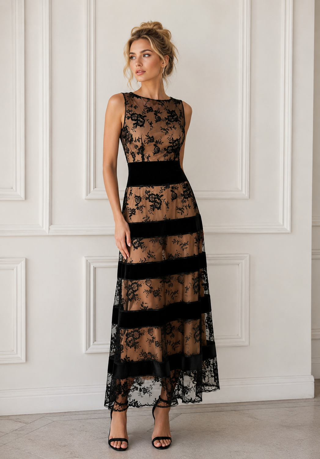 Elegante vestido midi negro de encaje con corte en A