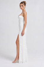 ARIA LUNA SLIT - Vestido Maxi Corsé con Aplicaciones Florales y Abertura