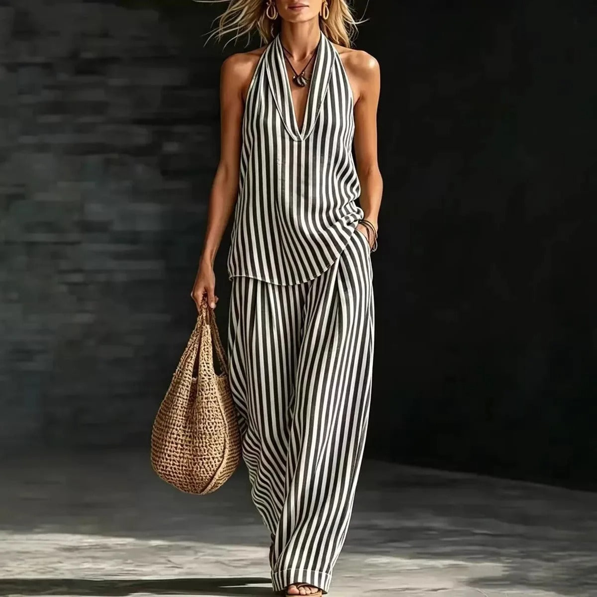 Sofía Conjunto Efecto Lino con Top Halter y Pantalón Ancho a Rayas