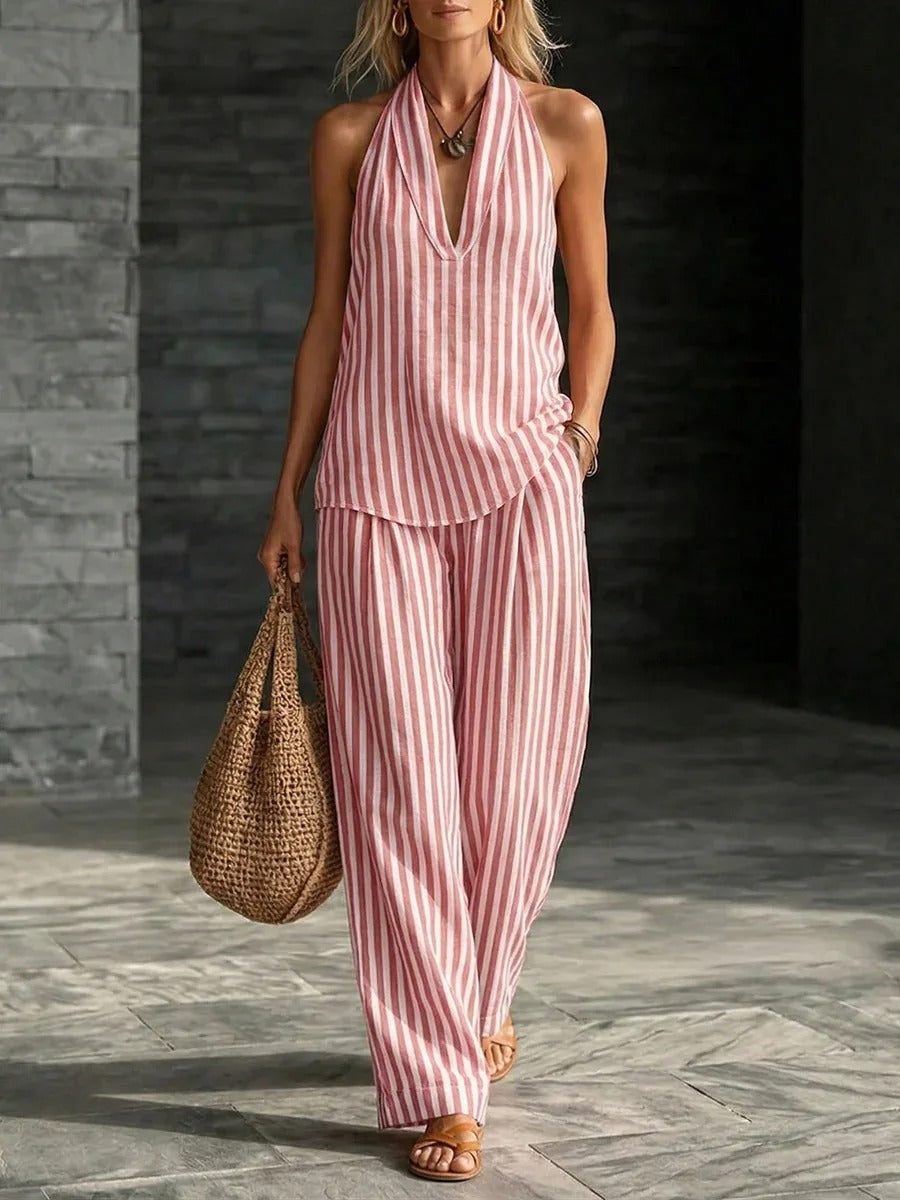 Sofía Conjunto Efecto Lino con Top Halter y Pantalón Ancho a Rayas