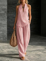 Sofía Conjunto Efecto Lino con Top Halter y Pantalón Ancho a Rayas