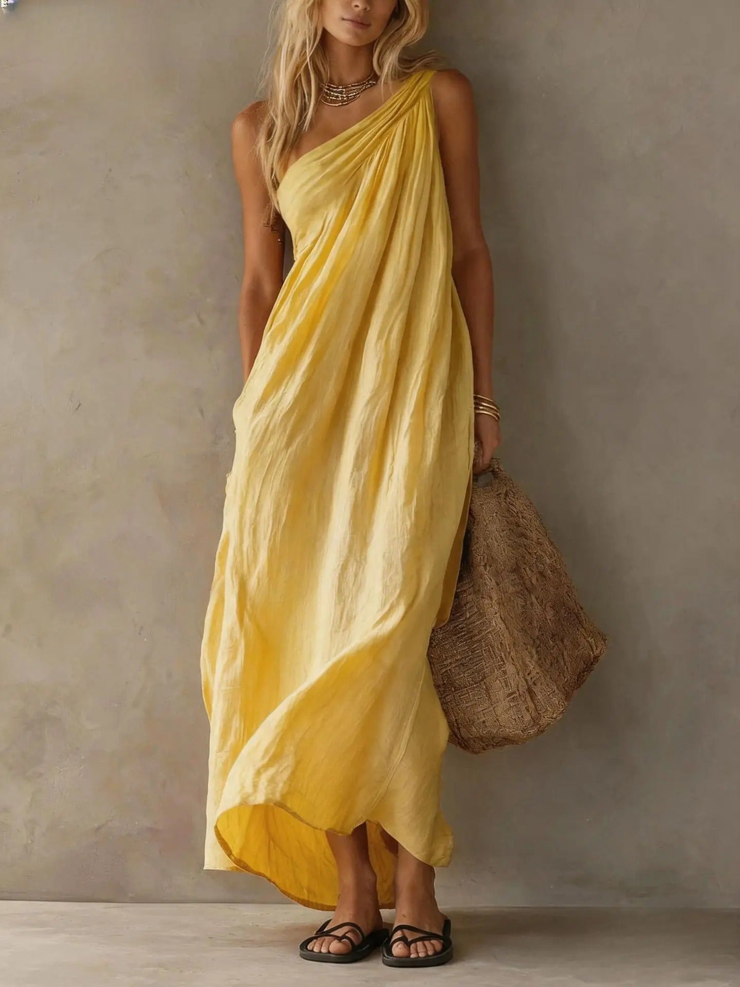 Agnese Vestido Maxi Asimétrico de Efecto Lino