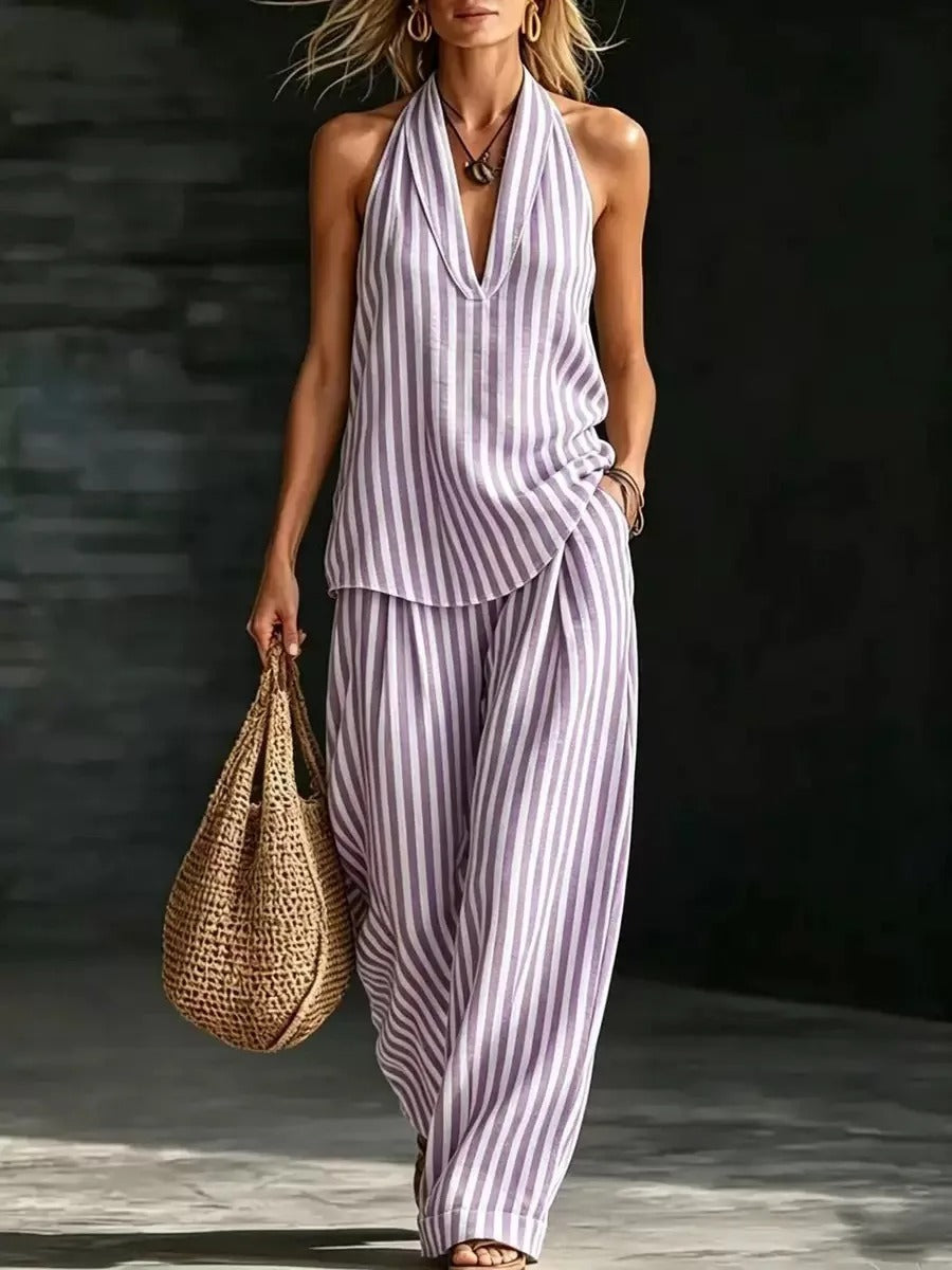 Sofía Conjunto Efecto Lino con Top Halter y Pantalón Ancho a Rayas