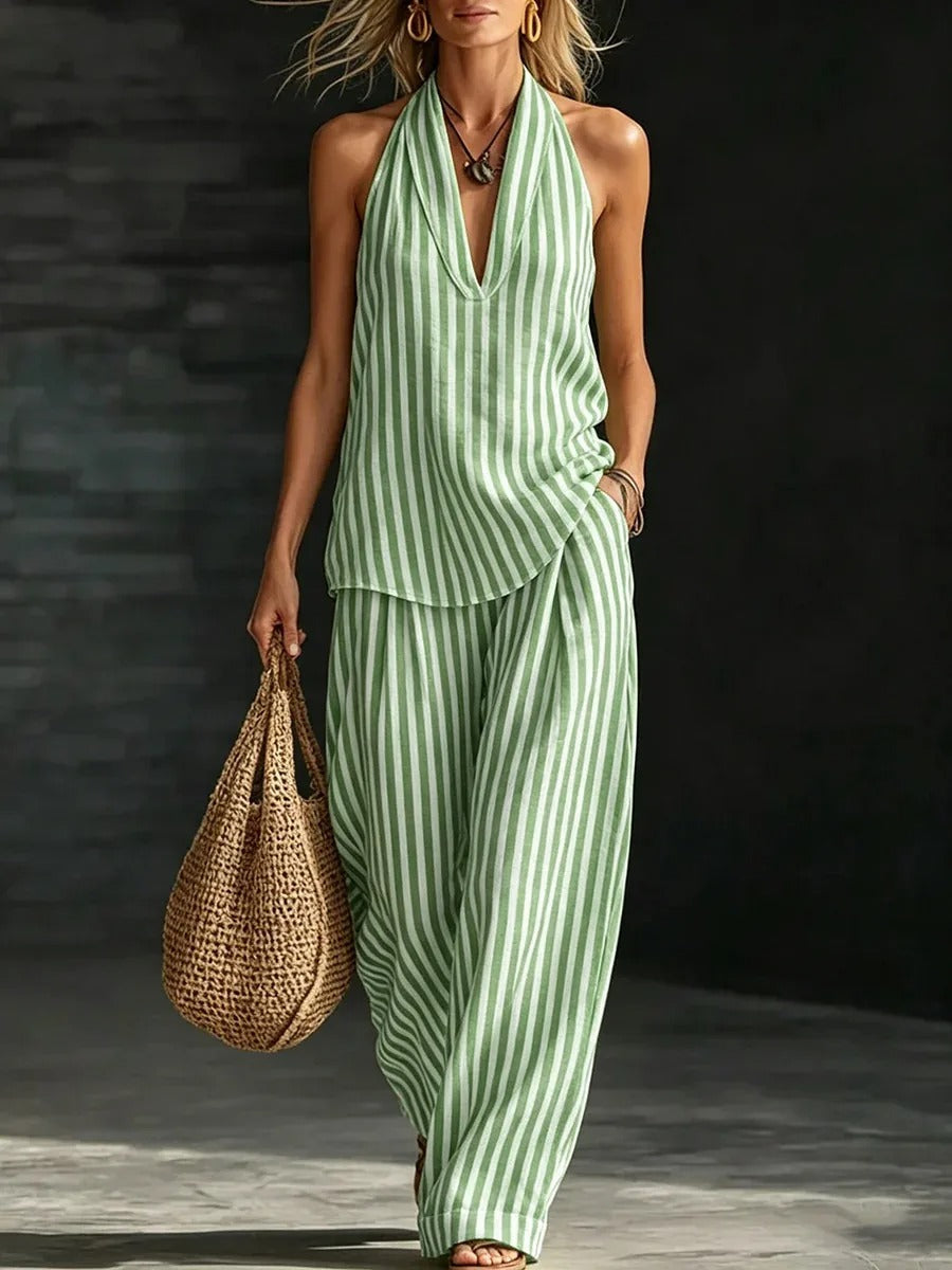 Sofía Conjunto Efecto Lino con Top Halter y Pantalón Ancho a Rayas